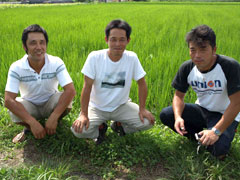 今年カミアカリの栽培を担当するカミアカリドリームチームの3人が菅井さんの田んぼへ全員集合！ （左から菅井さん、松下さん、大久保さん）